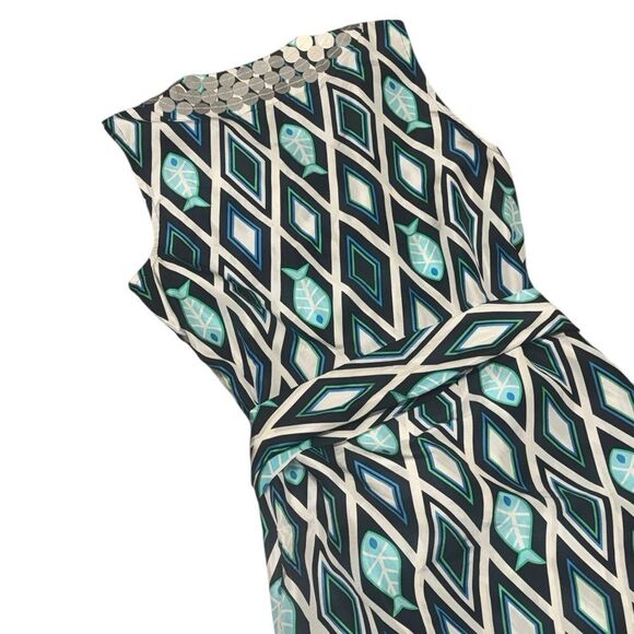 2000s TORY BURCH SILK Fish Print Blue/Turquoise embellished Kaftan Dress size 8 - Picture 5 of 9